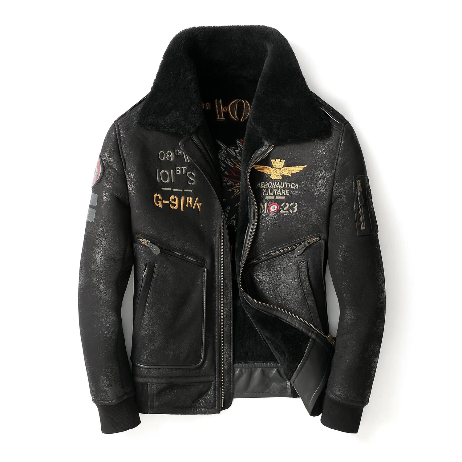Italian wool collar bomber jacket – three arrows embroidered