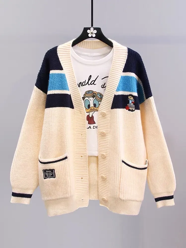 Japanese cartoon sweater jacket for women autumn and winter 2023 new loose college style mid-length color-blocked knitted cardig