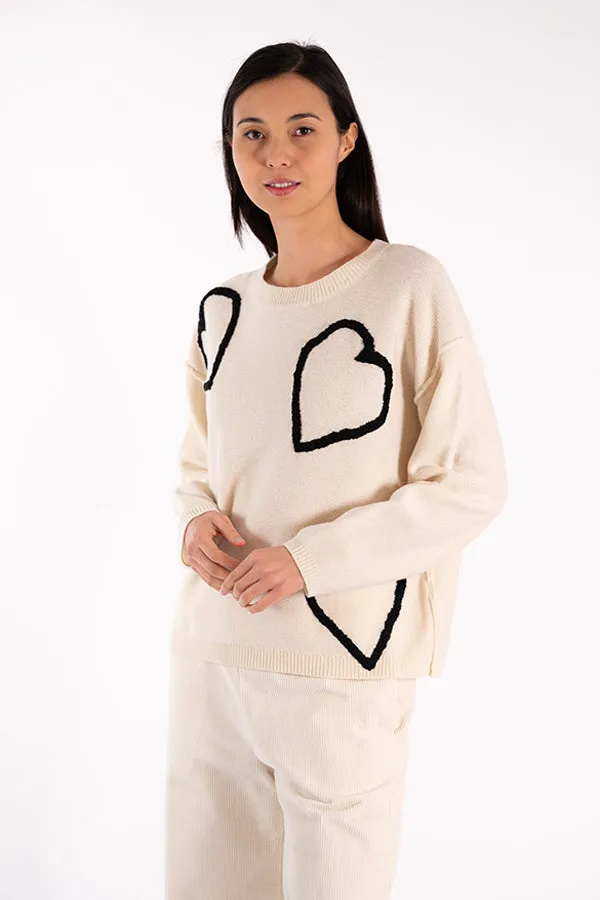 Jeff EVE HEARTS EMBROIDERY WHITE SWEATER