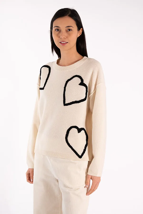 Jeff EVE HEARTS EMBROIDERY WHITE SWEATER