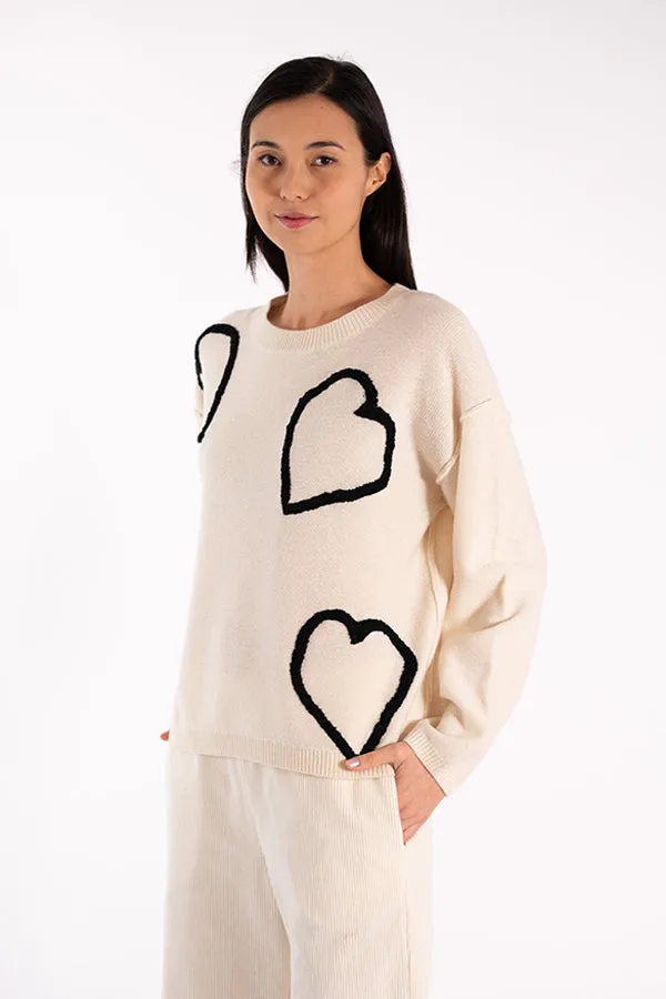 Jeff EVE HEARTS EMBROIDERY WHITE SWEATER