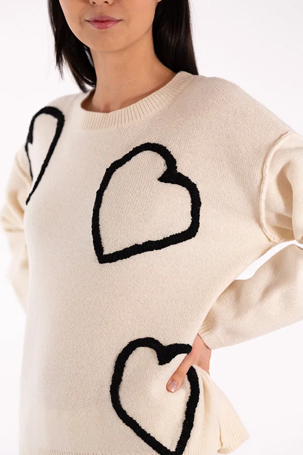 Jeff EVE HEARTS EMBROIDERY WHITE SWEATER