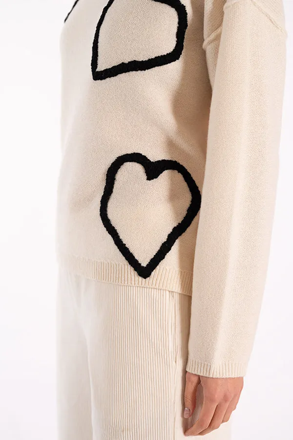 Jeff EVE HEARTS EMBROIDERY WHITE SWEATER