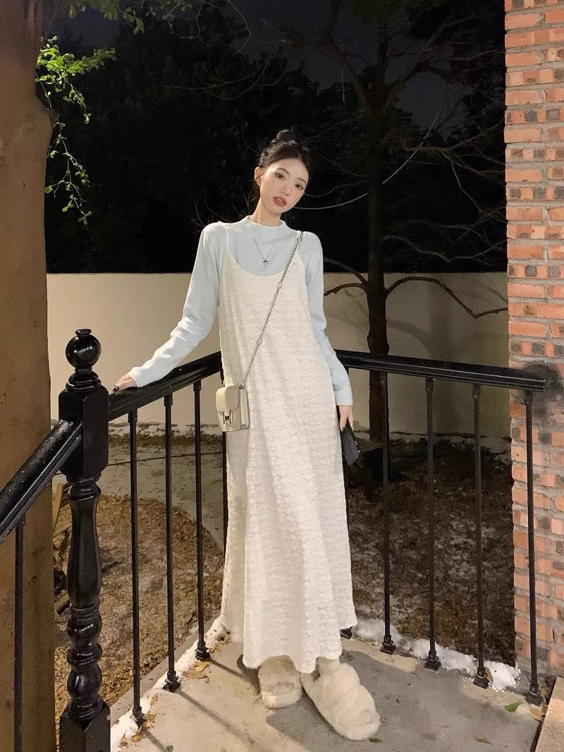 kumikumi gentle style suit apricot lace suspender dress women's autumn half turtleneck sweater two-piece set