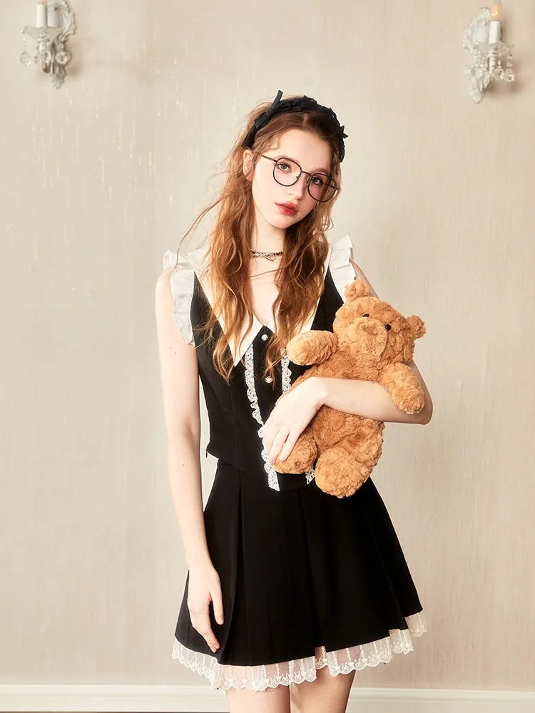 Lace Chic Frill Monotone Vest＆Mini-Skirt
