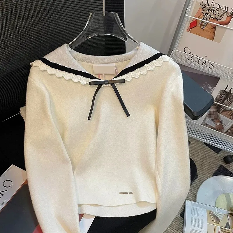 Lace navy collar contrasting color sweater for women autumn 2023 new retro sweet bow short long-sleeved top
