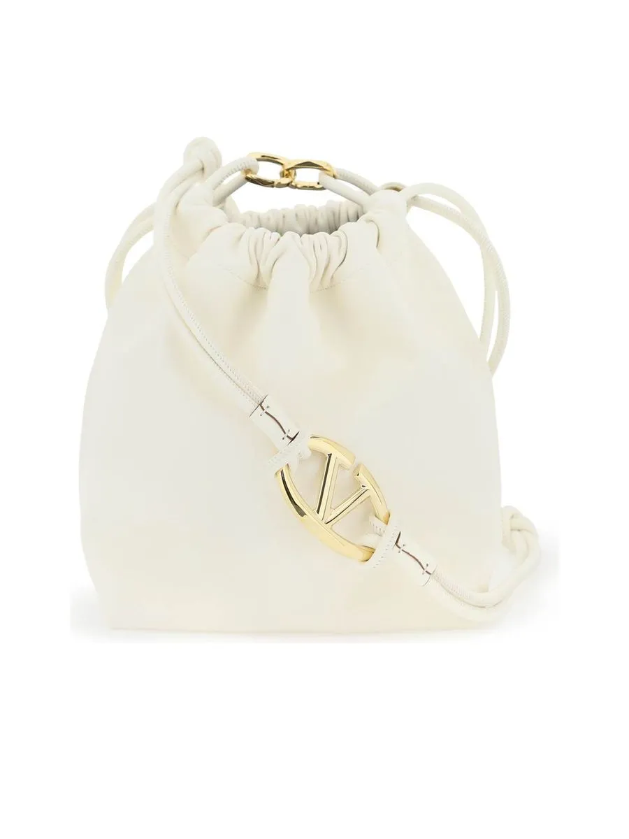 Leather Bucket Bag with Drawstring Closure and Sliding Shoulder Strap