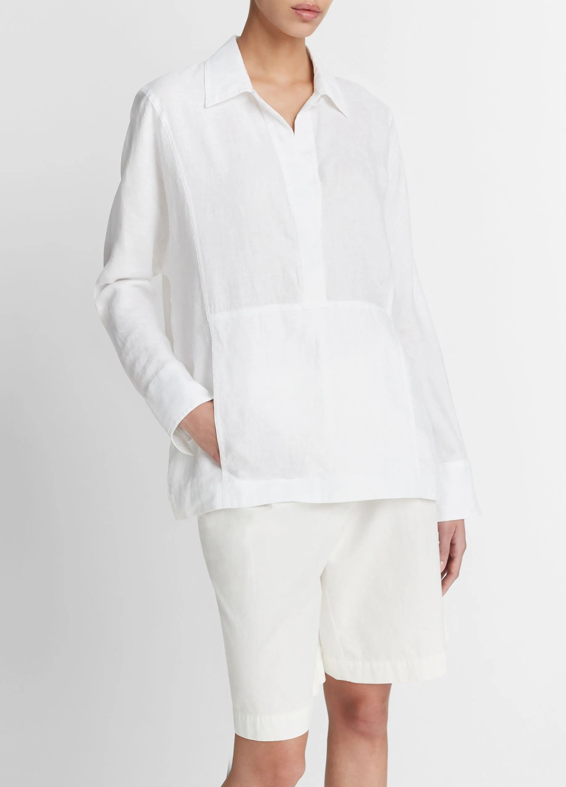 Linen Relaxed Kangaroo-Pocket Pullover Shirt