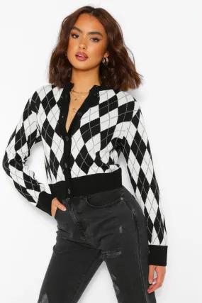 Long Sleeve Crew Neck Check Cardigan