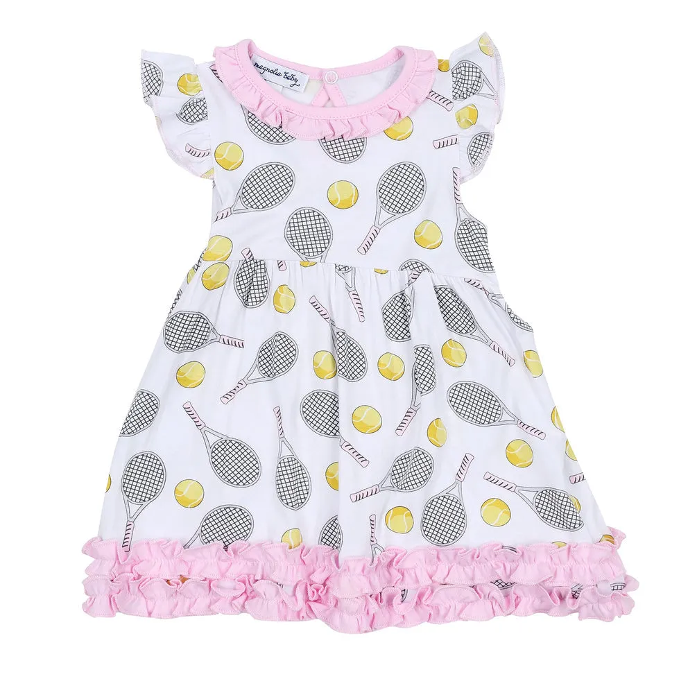 Magnolia Baby Bamboo Printed Flutter Sleeve Toddler Dress - Tennis Anyone? Pink
