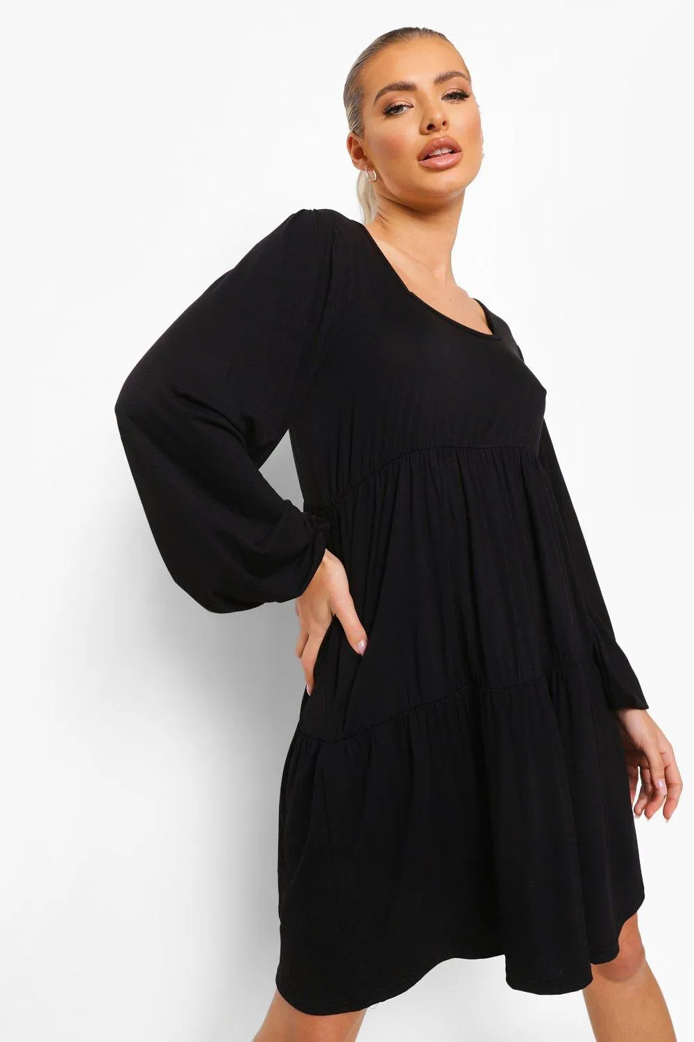 Mask Long Sleeve Square Neck Smock Dress