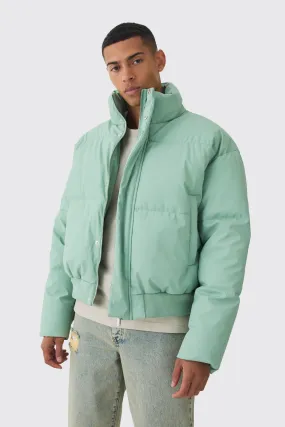 Matte PU Funnel Neck Puffer In Sage