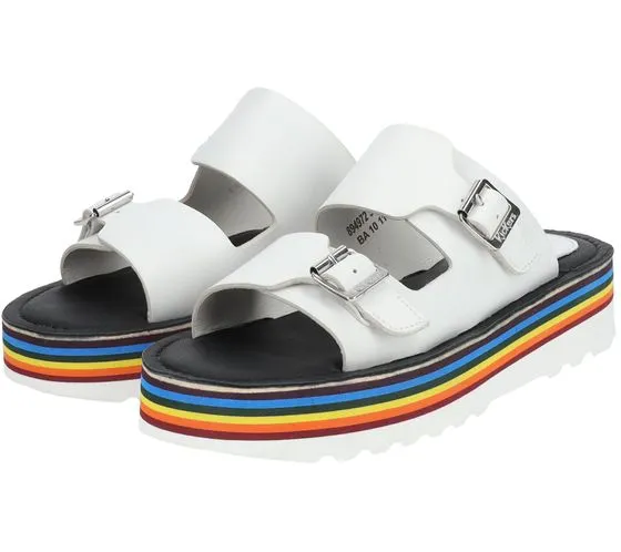 Mules de mujer Kickers Kick Hot de piel auténtica con doble tira y plataforma colorida 894972-50 33 Blanco