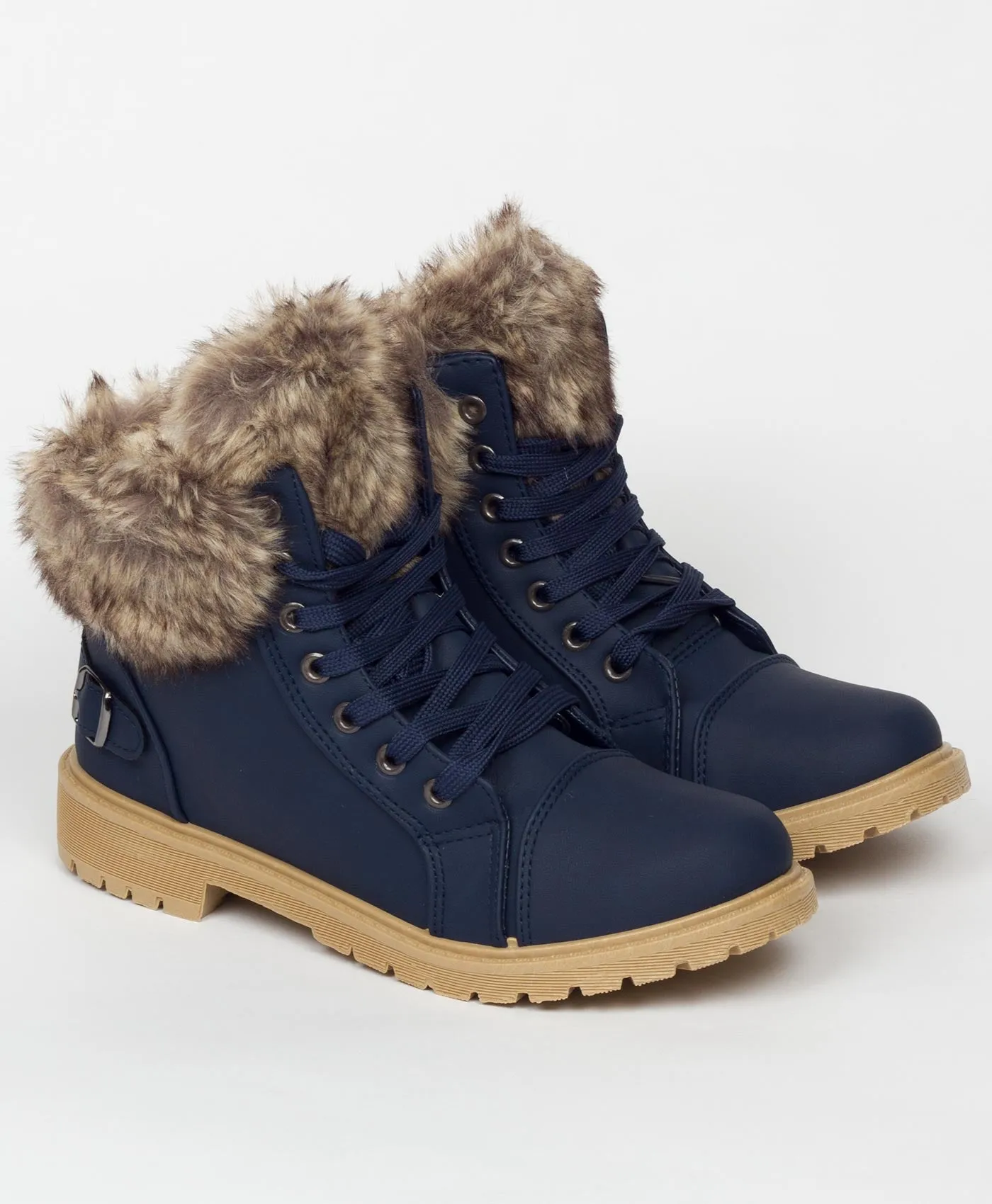 Navy Faux Fur Lined Buckle Combat Boots