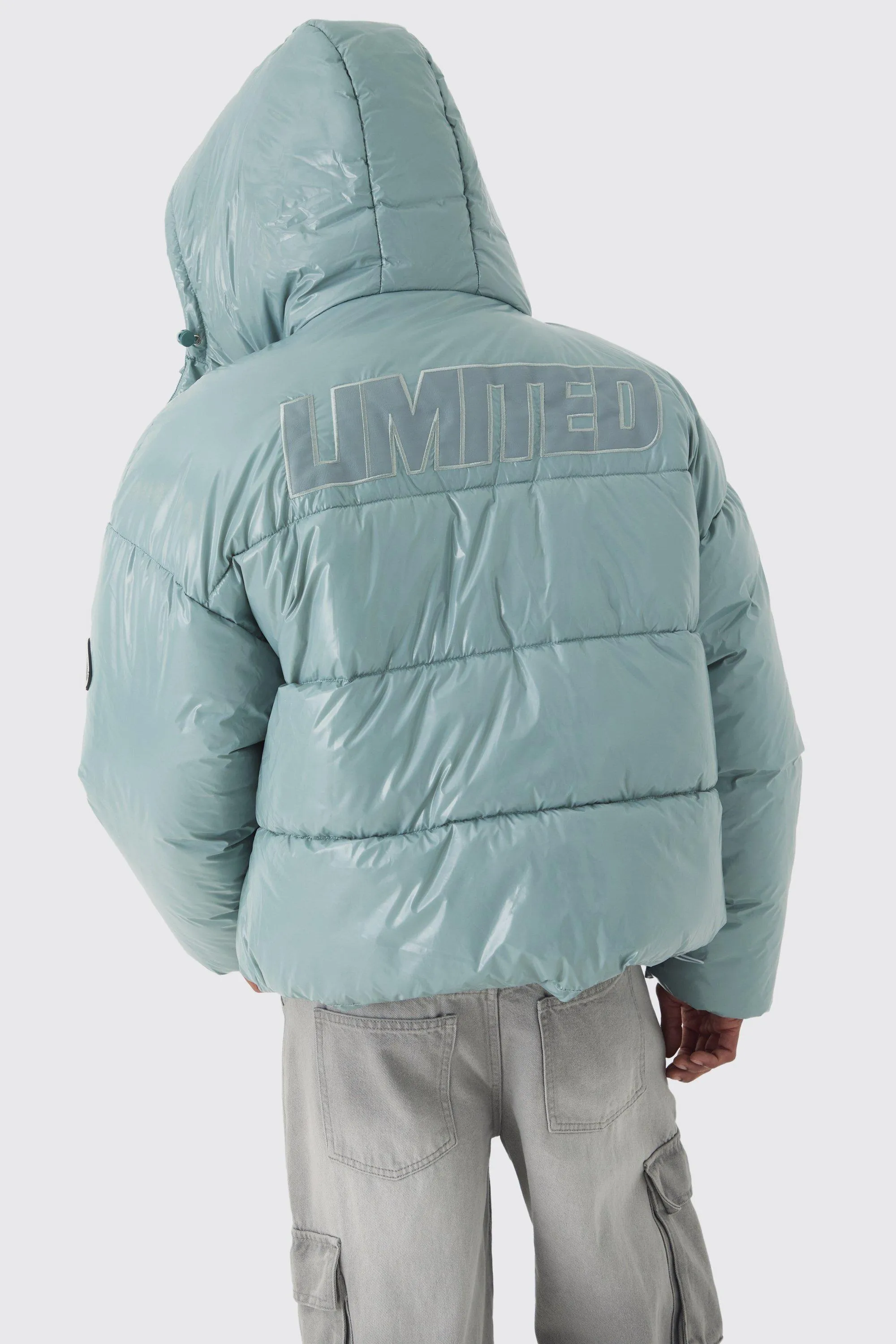 Oversized Limited Embroidered Hooded Puffer In Light Blue