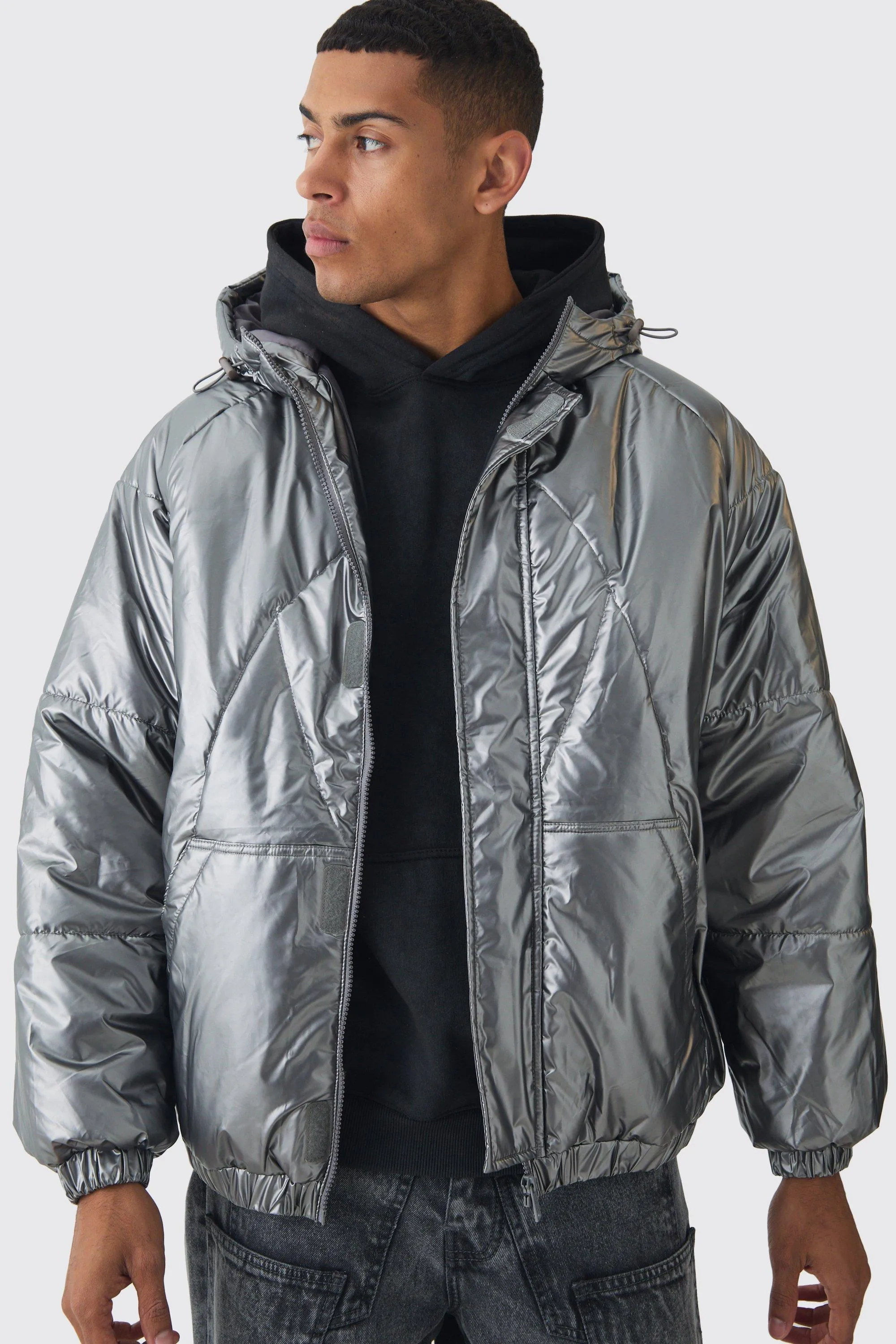 Oversized Metallic Hooded Puffer In Charcoal