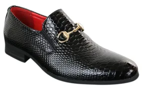 Patron 80058 Mens Black Patent Shiny Slip On PU Snake Crocodile Leather Shoes Gold Buckle