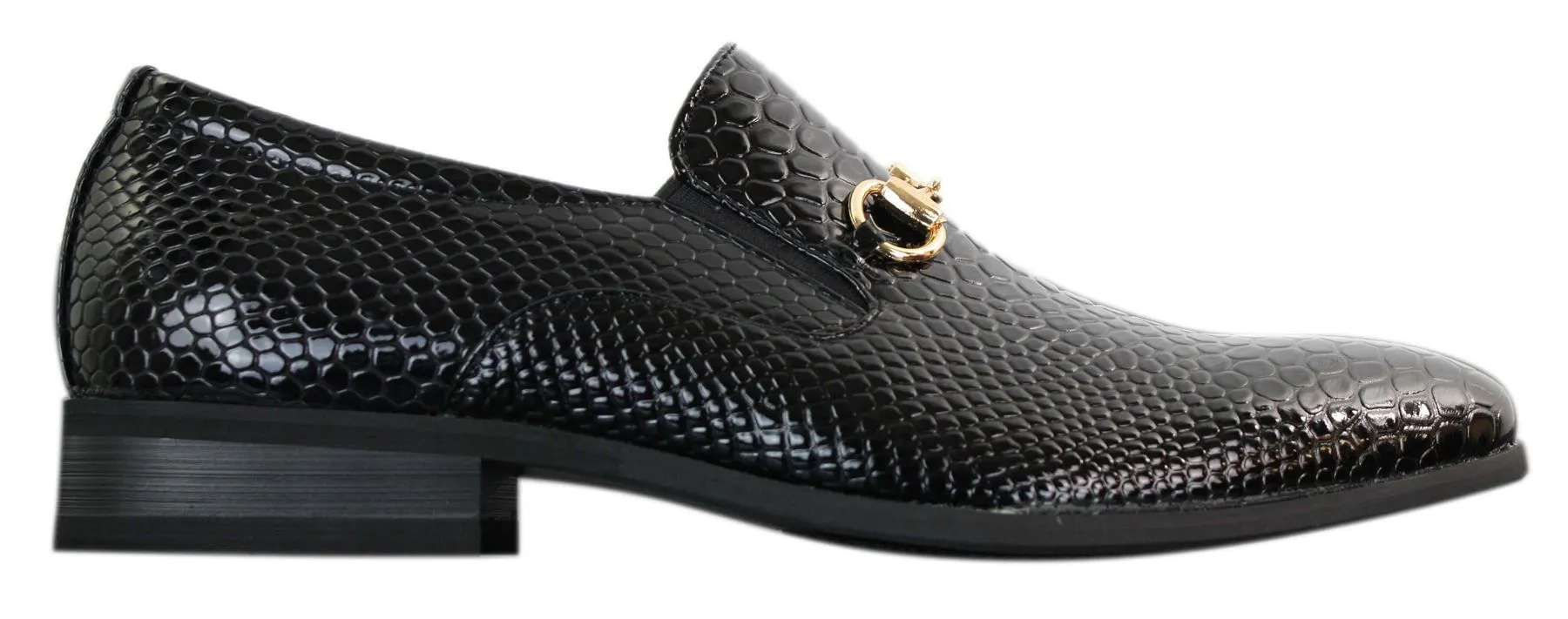 Patron 80058 Mens Black Patent Shiny Slip On PU Snake Crocodile Leather Shoes Gold Buckle