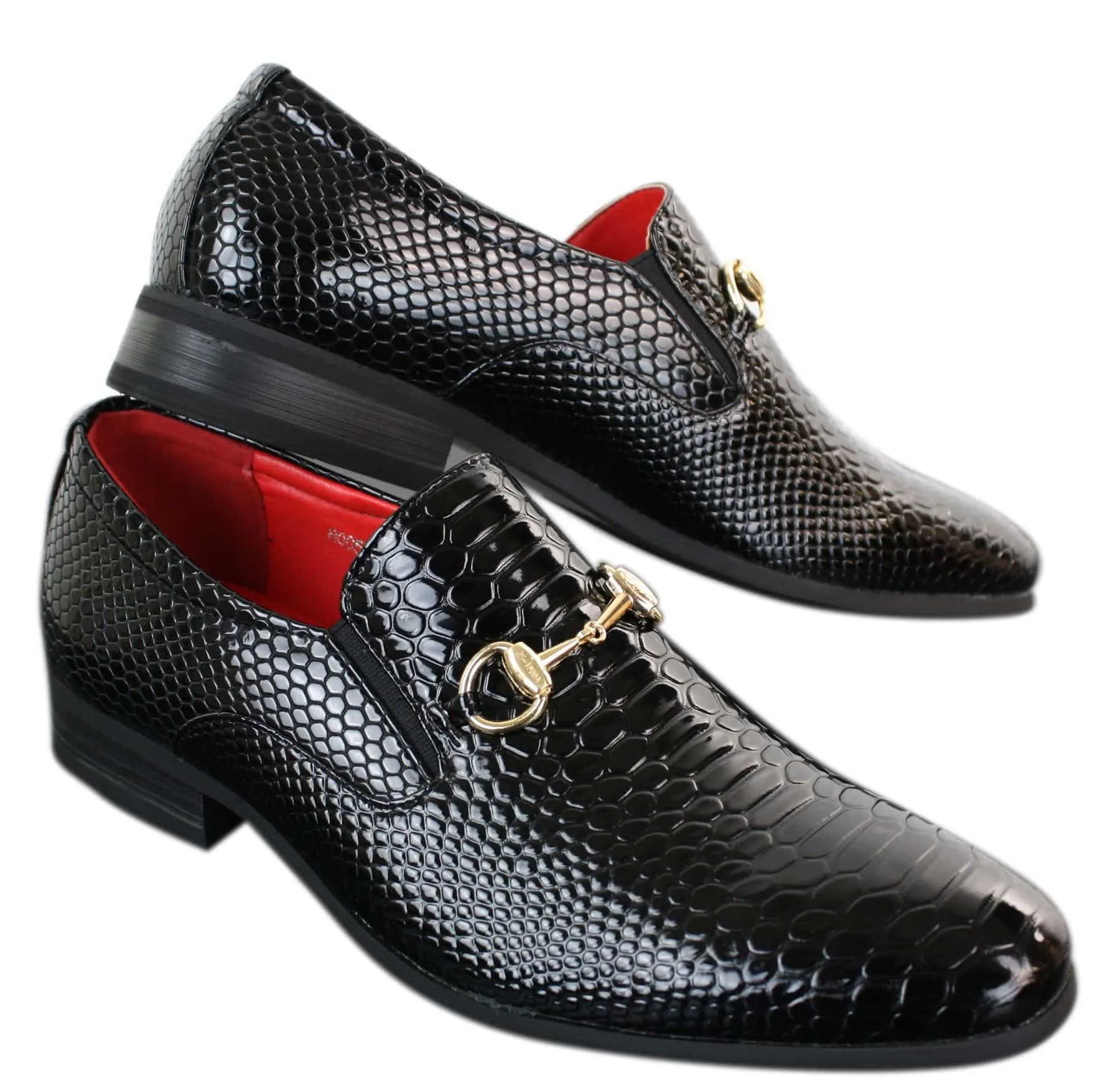 Patron 80058 Mens Black Patent Shiny Slip On PU Snake Crocodile Leather Shoes Gold Buckle