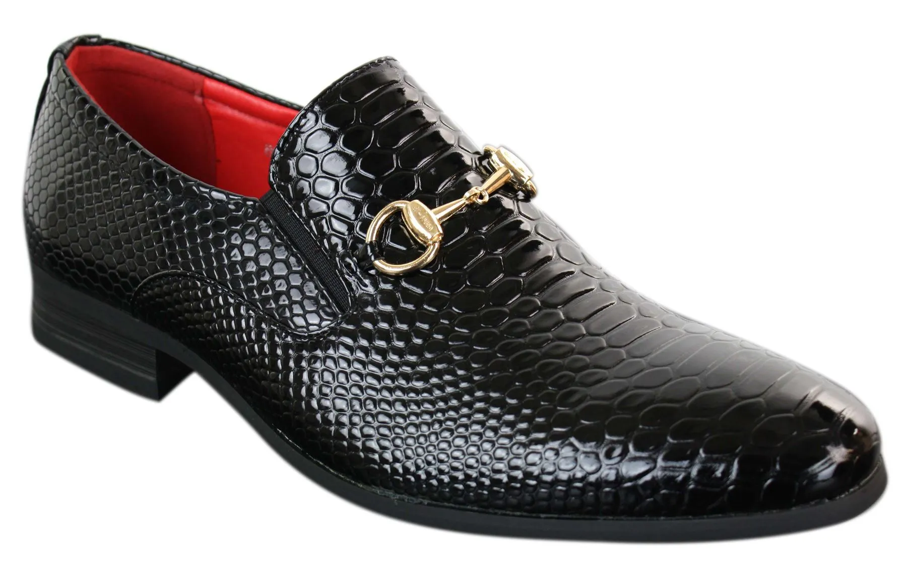 Patron 80058 Mens Black Patent Shiny Slip On PU Snake Crocodile Leather Shoes Gold Buckle