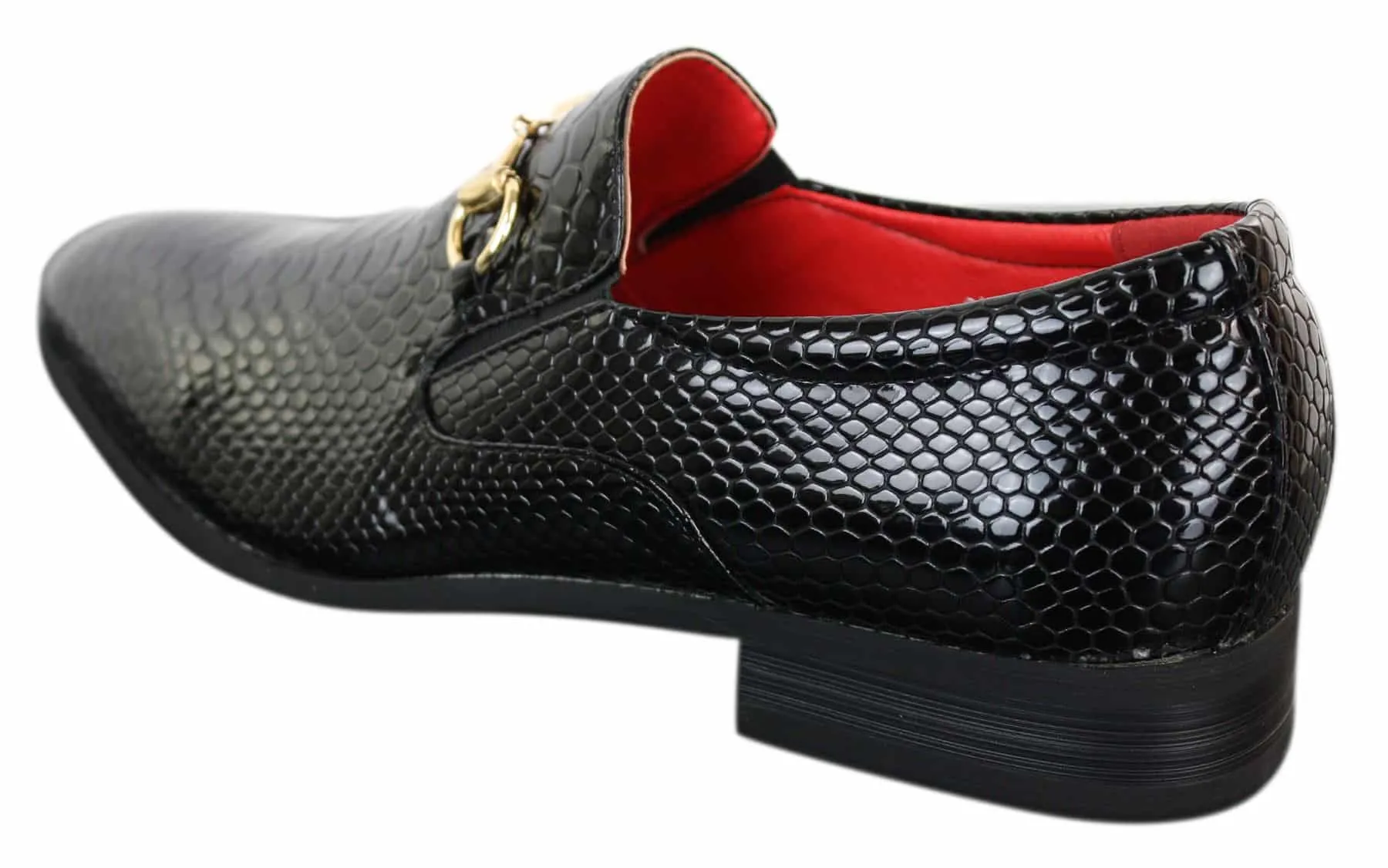 Patron 80058 Mens Black Patent Shiny Slip On PU Snake Crocodile Leather Shoes Gold Buckle