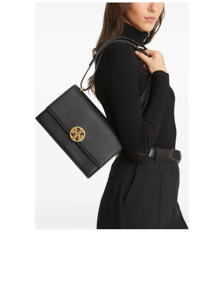 Pebbled Texture Goldtone Logo Shoulder Bag
