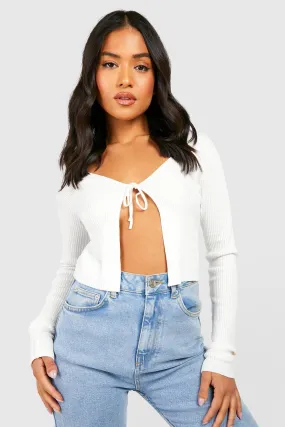 Petite Tie Front Long Sleeve Rib Knit Cardigan