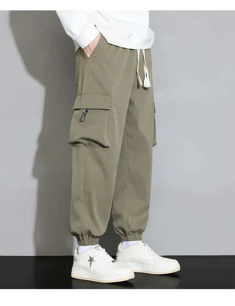 Plain Color Drawstring Knee Cargo Pocket Pants