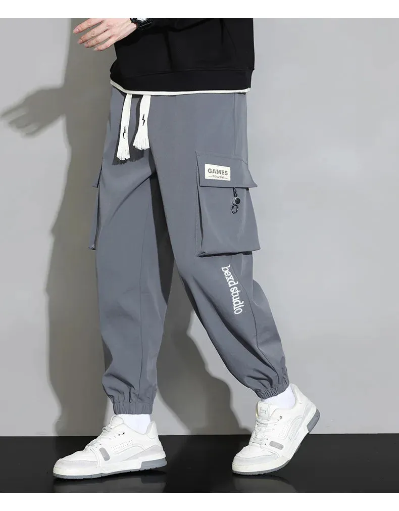 Plain Color Drawstring Knee Cargo Pocket Pants