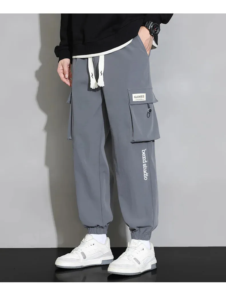 Plain Color Drawstring Knee Cargo Pocket Pants