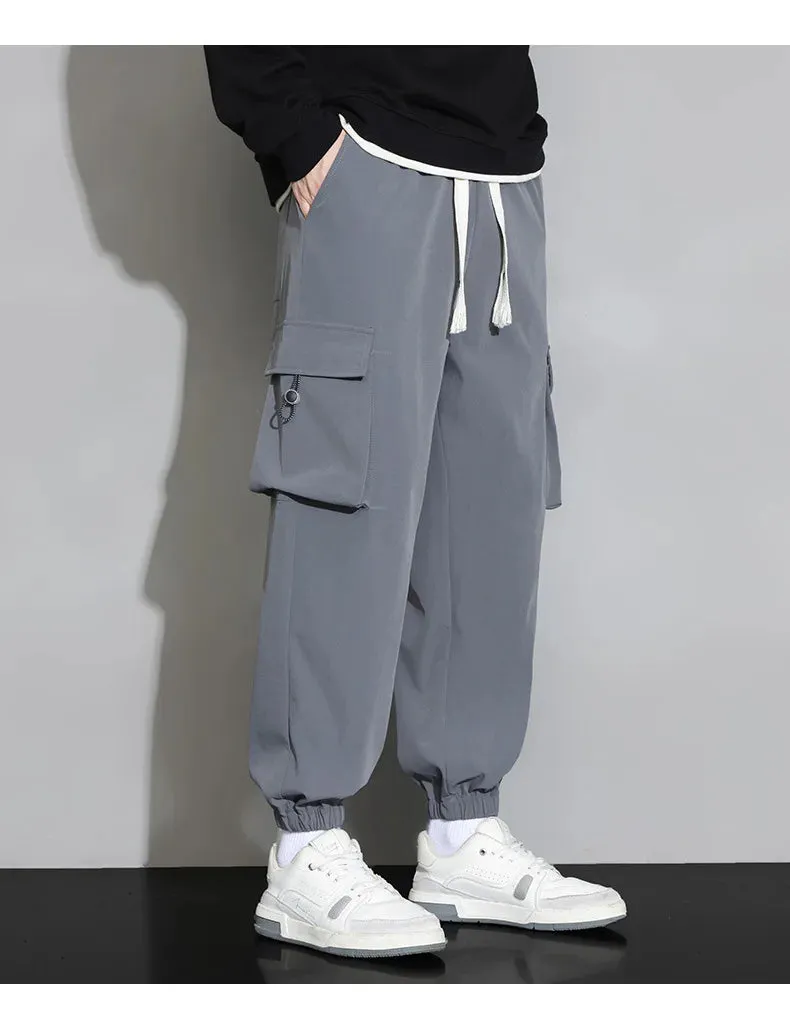 Plain Color Drawstring Knee Cargo Pocket Pants