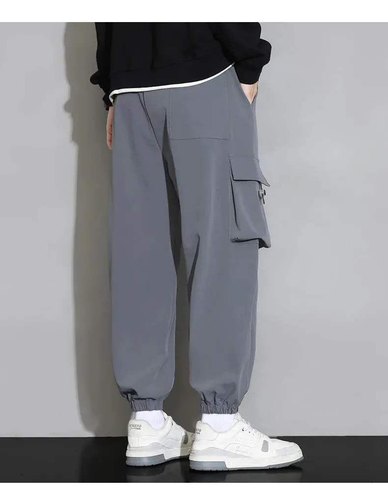 Plain Color Drawstring Knee Cargo Pocket Pants