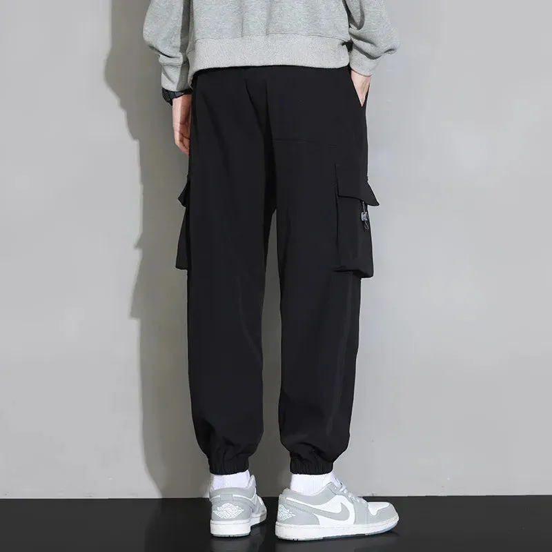 Plain Color Drawstring Knee Cargo Pocket Pants