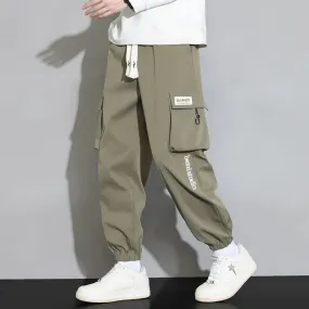 Plain Color Drawstring Knee Cargo Pocket Pants