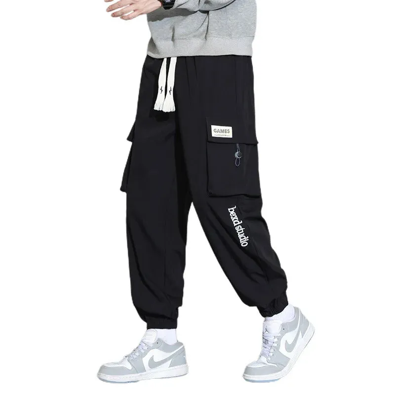 Plain Color Drawstring Knee Cargo Pocket Pants