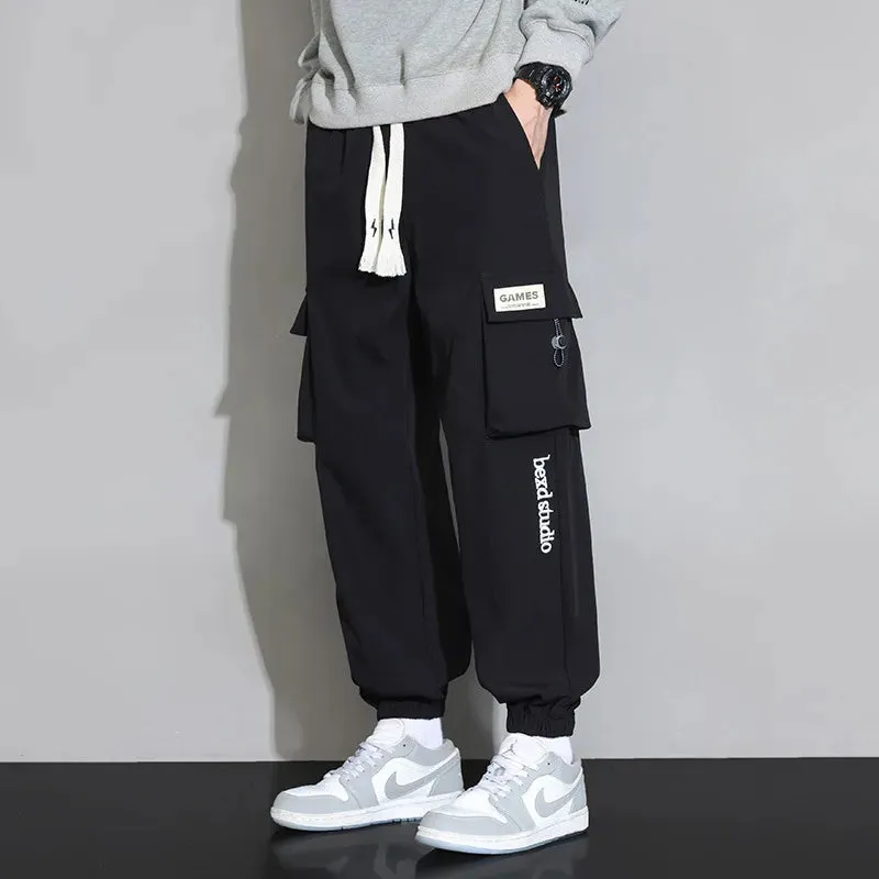 Plain Color Drawstring Knee Cargo Pocket Pants