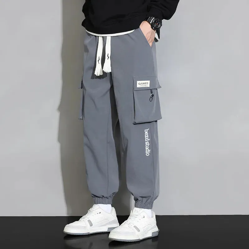 Plain Color Drawstring Knee Cargo Pocket Pants