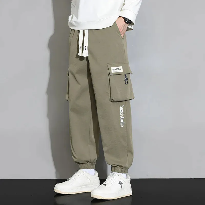 Plain Color Drawstring Knee Cargo Pocket Pants