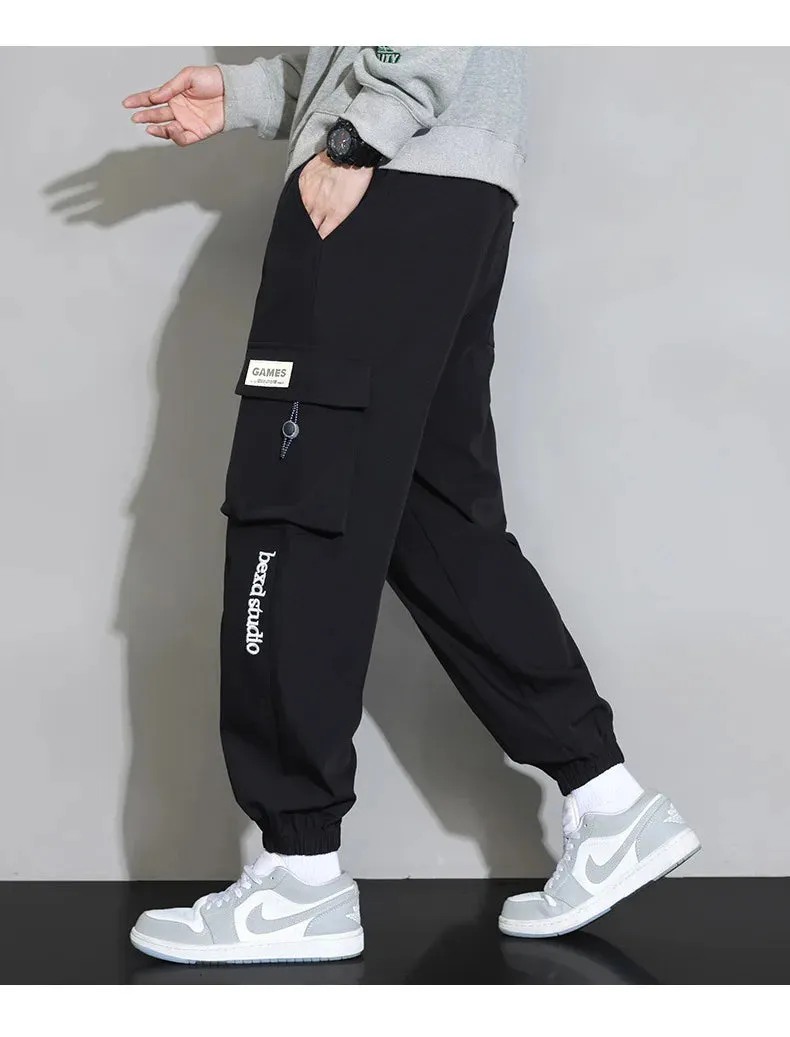 Plain Color Drawstring Knee Cargo Pocket Pants