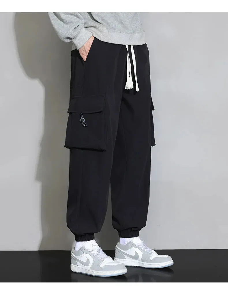 Plain Color Drawstring Knee Cargo Pocket Pants