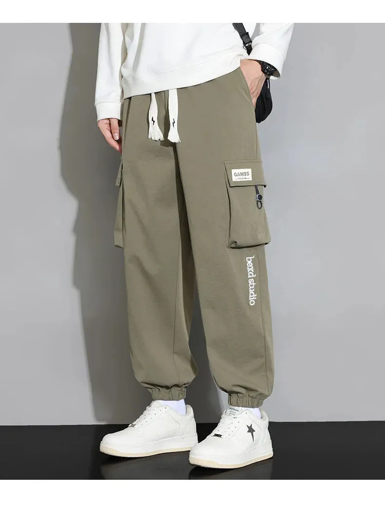 Plain Color Drawstring Knee Cargo Pocket Pants