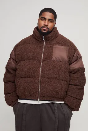 Plus Borg & Nylon Funnel Neck Puffer Jacket In Chocolate