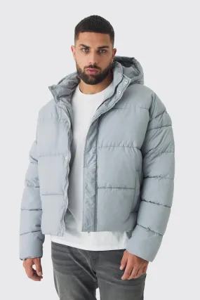 Plus Boxy Crinkle Nylon Puffer Jacket In Light Grey