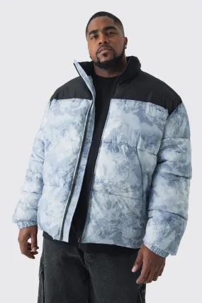 Plus Color Block Printed Funnel Neck Puffer Jacket In Grey