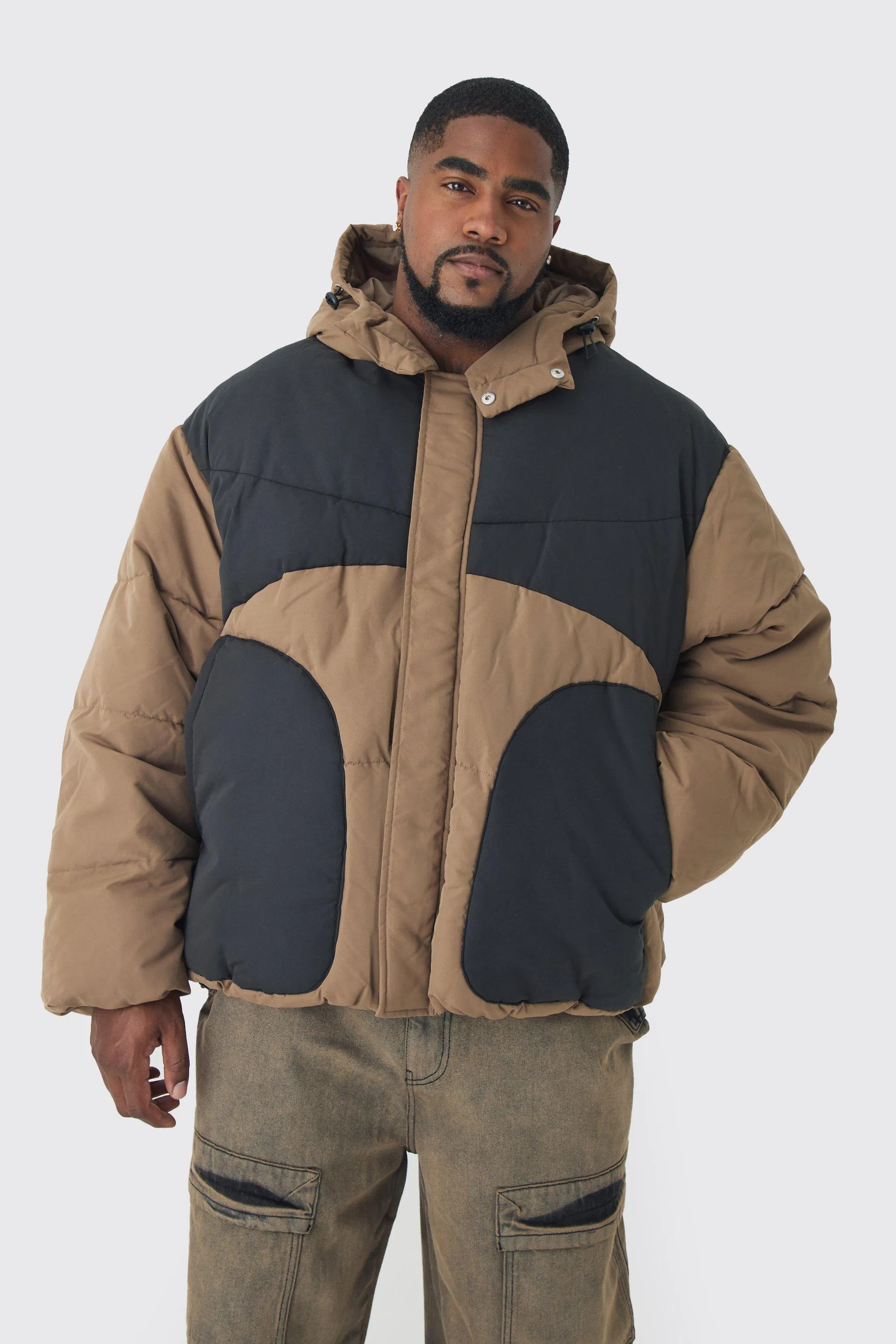 Plus Colour Block Quilted Hooded Puffer Jacket In Beige