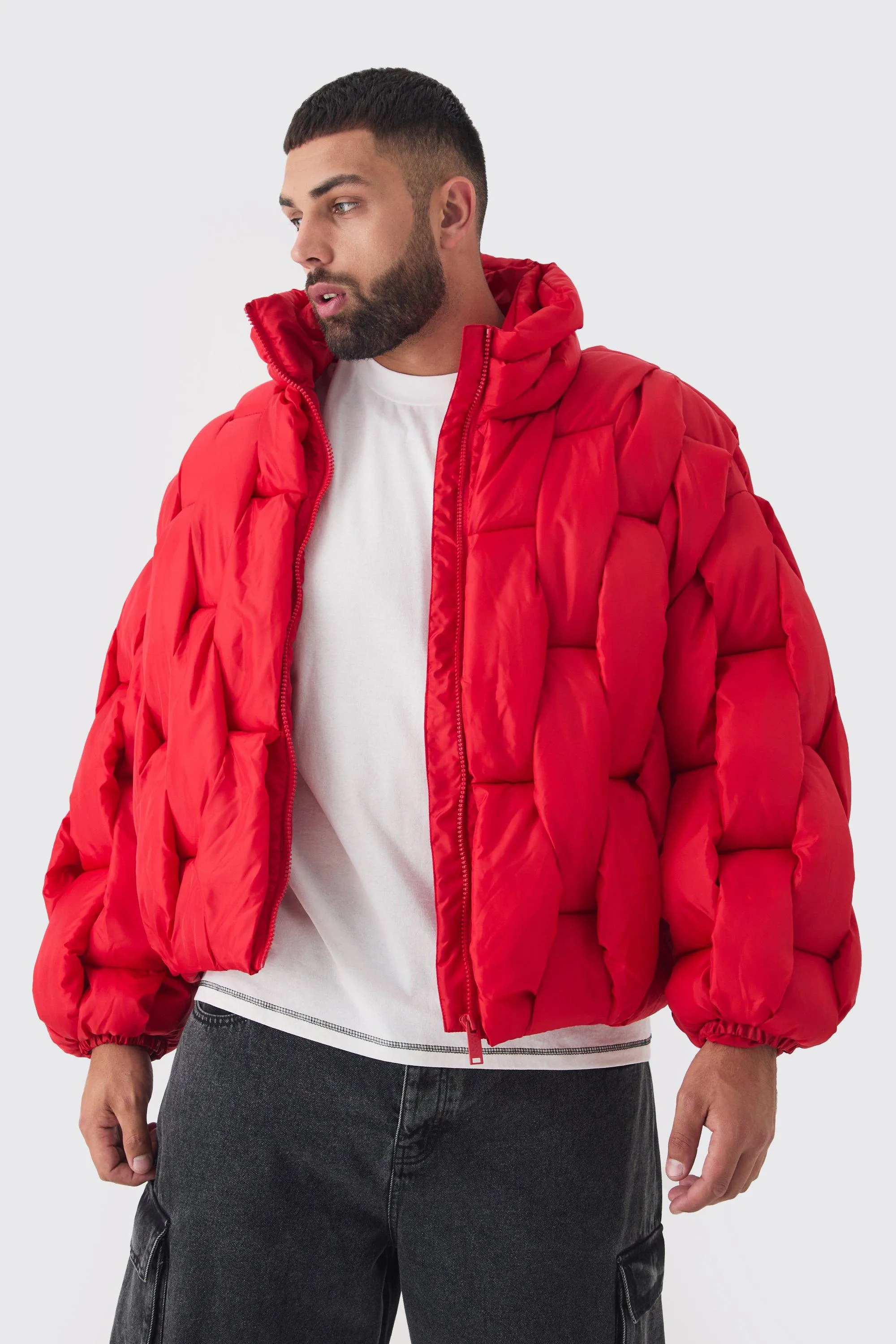 Plus Hand Weft Padded Puffer Jacket In Red