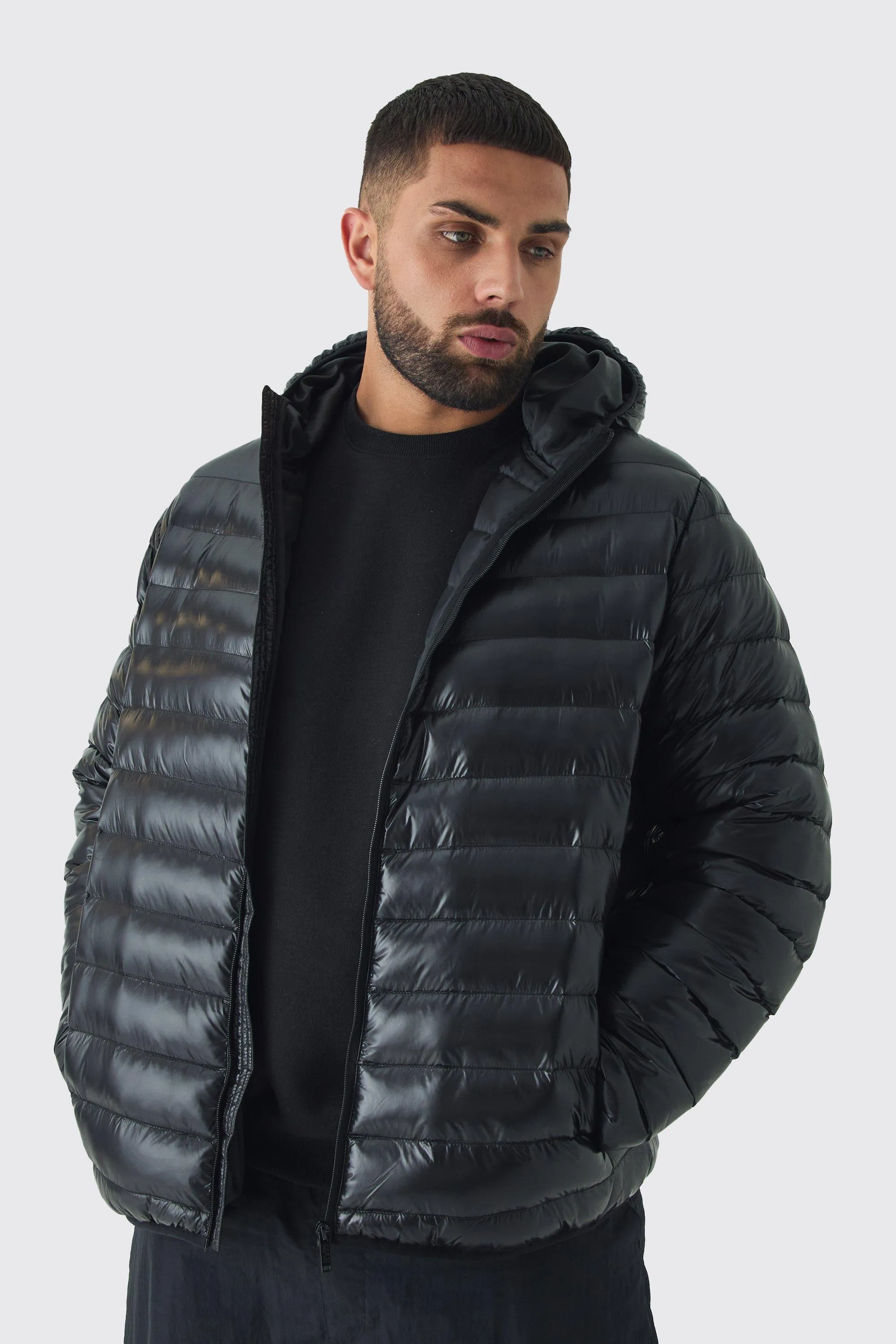 Plus High Shine Hooded Puffer Jacket In Black