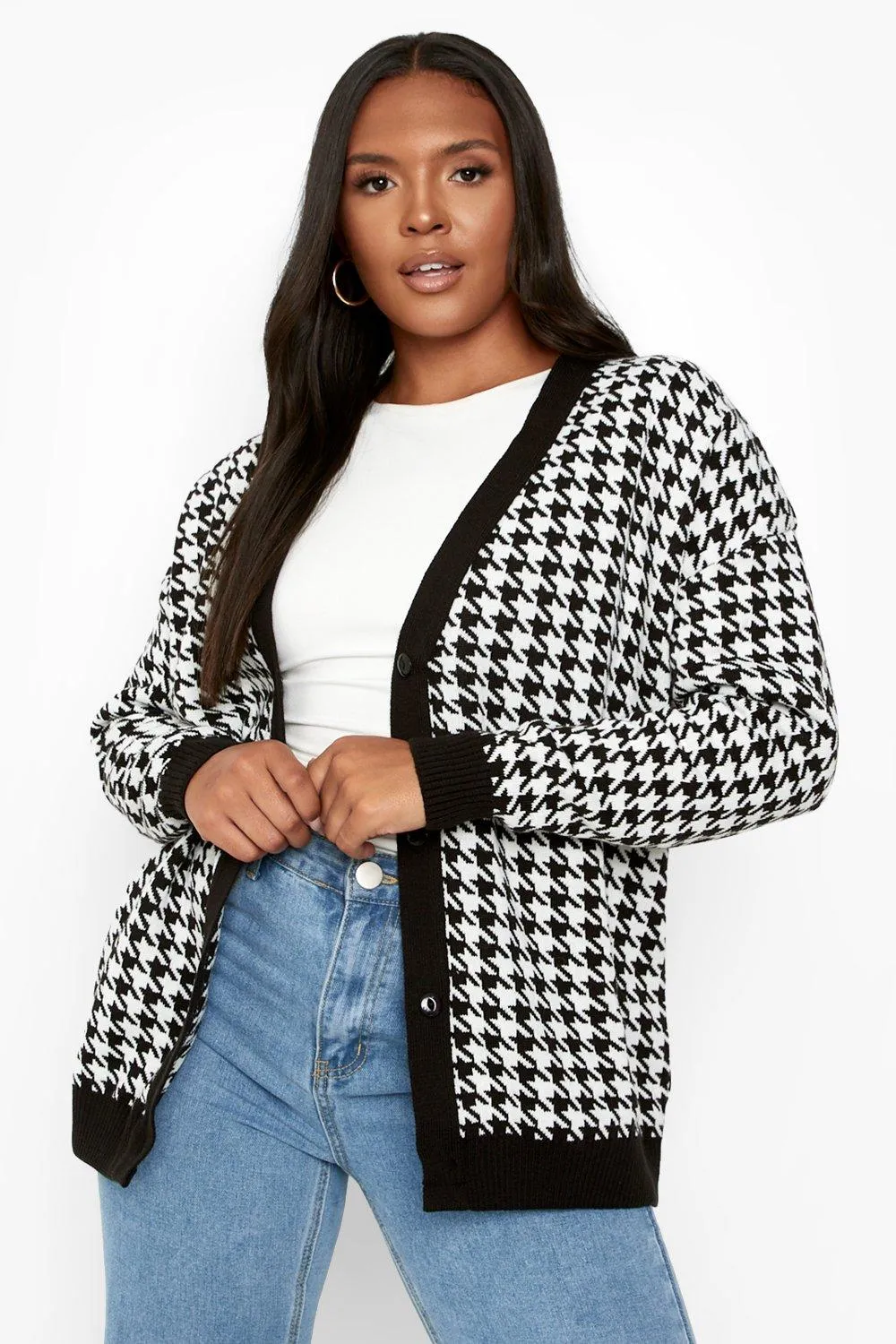 Plus Houndstooth Knitted Cardigan
