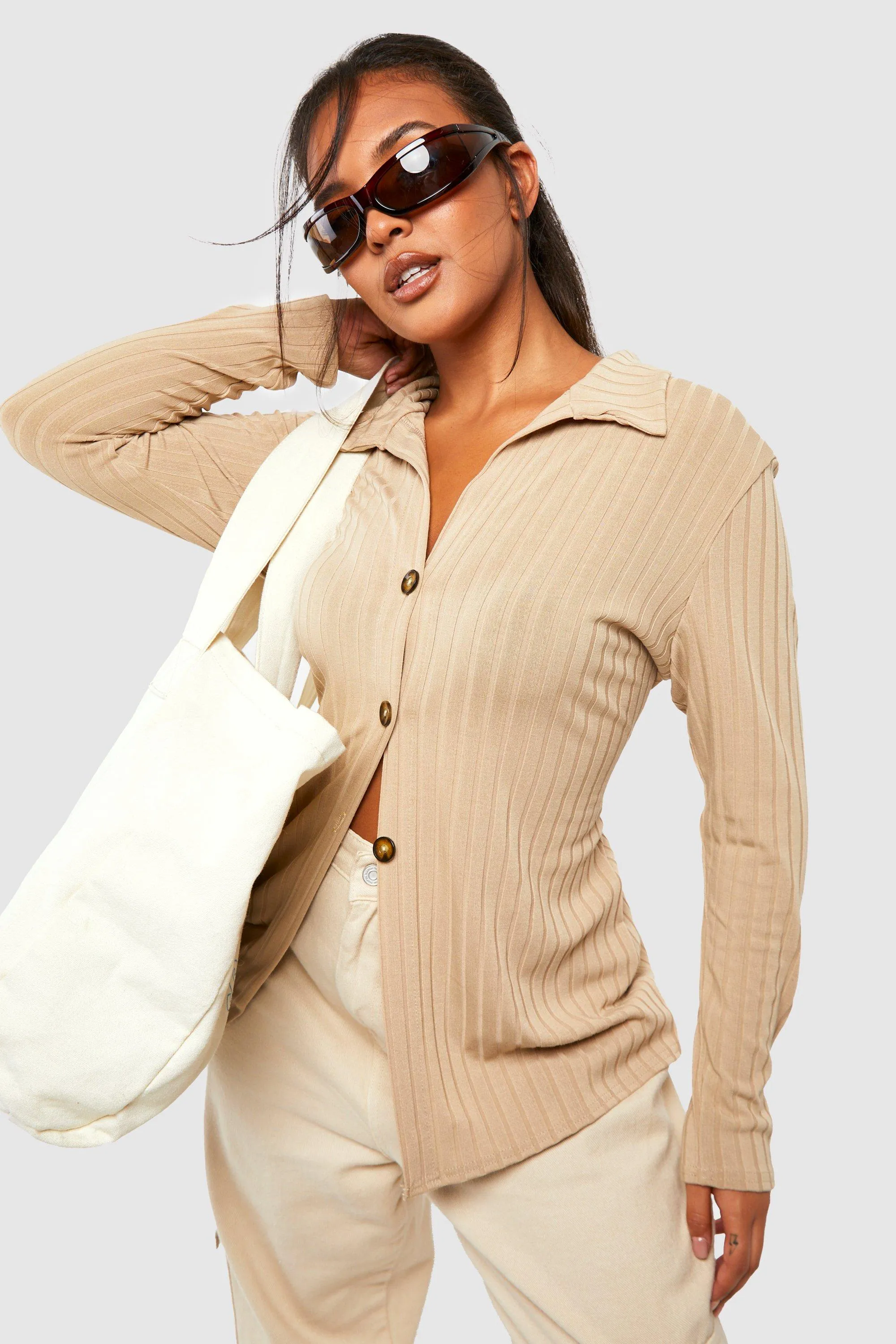 Plus Knitted Rib Button Front Collared Cardigan
