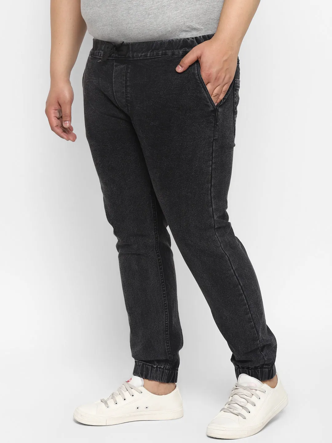 Plus Men's Black Regular Fit Washed Jogger Jeans Stretchable